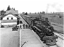 black and white photo of C.N.R. Locomotive at the Langley Railway Station, 1924